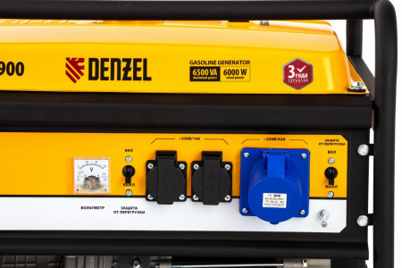 Генератор бензиновый GE 7900, 6.5 кВт, 220 В/50 Гц, 25 л, ручной пуск Denzel