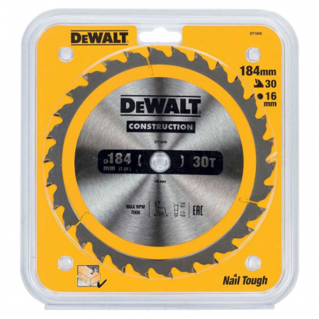 Диск пильный DeWalt твердосплавный 184х16х30 CONSTRUCTION DT1940