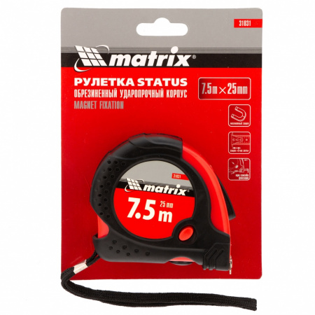 Рулетка Status Magnet fixation, 7.5 м х 25 мм, обрезиненный корпус, зацеп с магнитом Matrix 31031
