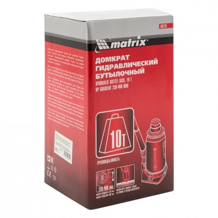 Домкрат гидравлический бутылочный, 10 т, высота подъема 230-460 мм Matrix Master 50725