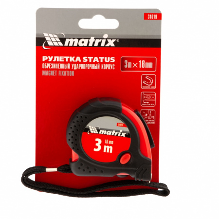 Рулетка Status Magnet fixation, 3 м х 16 мм, обрезиненный корпус, зацеп с магнитом Matrix 31019