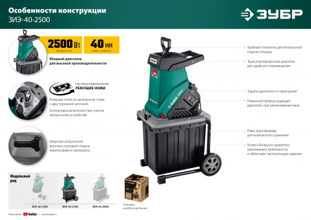 Измельчитель садовый ЗУБР 2500 Вт ЗИЭ-40-2500